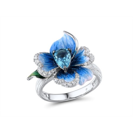 Sterling Silver w/ Black White Plating Ring Blue Spinel,Enamel,White Cubic Zirconia (R306764ENA1SK925) - US 6