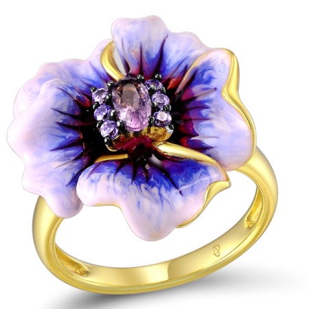 Sterling Silver w/ Yellow Black Plating Ring Purple Glass,Dark Purple CZ,Enamel (R306765ENA1SC925) - US 6