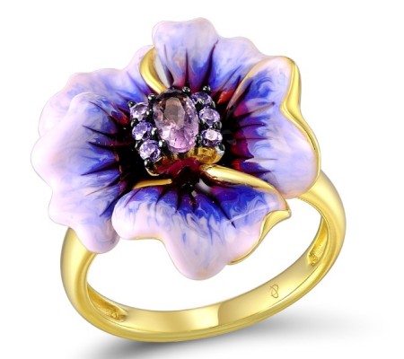 Sterling Silver w/ Yellow Plating Ring Dark Purple CZ,Enamel,Purple Glass (R306765ENA1SY925)
