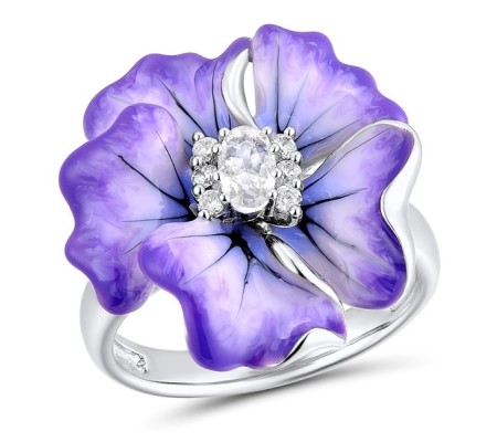 Sterling Silver w/ Black White Plating Ring Enamel,White Cubic Zirconia,White Glass (R306765ENA2SK925)