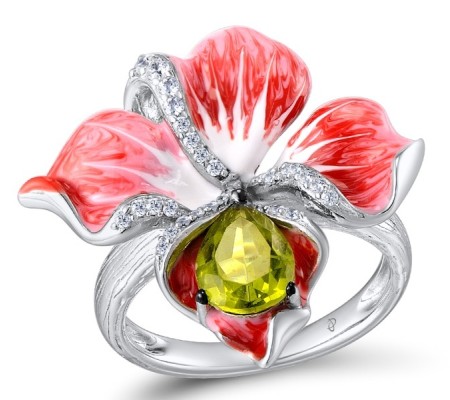 Sterling Silver Ring Enamel,Green Glass,White Cubic Zirconia (R306767ENA1SL925)