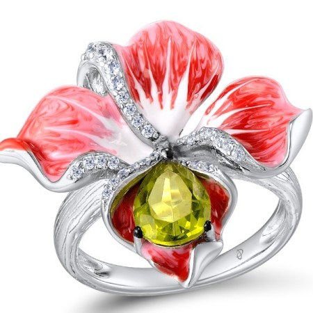Sterling Silver Ring Enamel,Green Glass,White Cubic Zirconia (R306767ENA1SL925)