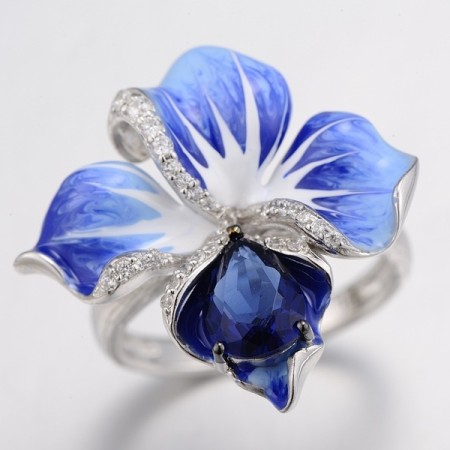 Sterling Silver w/ Black White Plating Ring Blue Glass,Enamel,White Cubic Zirconia (R306767ENA2SK925)