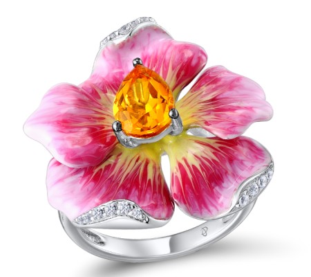 Sterling Silver w/ Black White Plating Ring White Cubic Zirconia,Yellow Glass,Enamel (R306768ENA1SK925) - US 9
