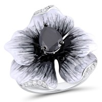 Sterling Silver w/ Black White Plating Ring Black spinel,Enamel,White Cubic Zirconia (R306768ENA2SK925)