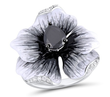 Sterling Silver w/ Black White Plating Ring Black spinel,Enamel,White Cubic Zirconia (R306768ENA2SK925)