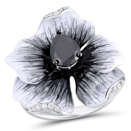 Sterling Silver w/ Black White Plating Ring Black spinel,Enamel,White Cubic Zirconia (R306768ENA2SK925)