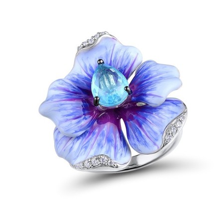 Sterling Silver w/ Black White Plating Ring Blue Glass,Enamel,White Cubic Zirconia (R306768ENA4SK925)