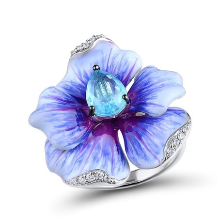 Sterling Silver w/ Black White Plating Ring Blue Glass,Enamel,White Cubic Zirconia (R306768ENA4SK925)