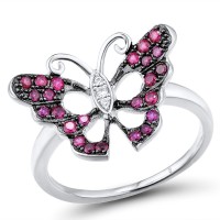 Sterling Silver w/ Black White Plating Ring Created Ruby,White Cubic Zirconia (R306845CRZSK925) - US 6
