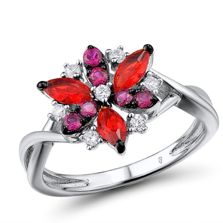 Sterling Silver w/ Black White Plating Ring Created Ruby,Red Glass,White Cubic Zirconia (R306861CRRZSK925) - US 5.5