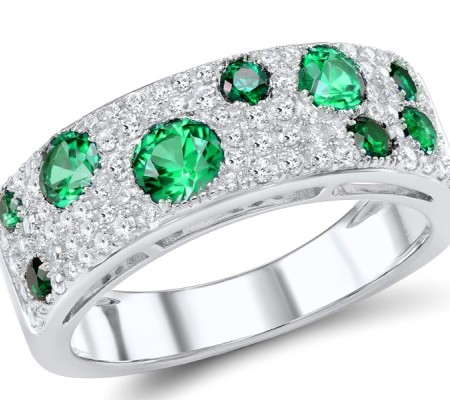 Sterling Silver Ring Green Glass,Green Spinel,White Cubic Zirconia (R306887GGNZSL925) - US 6