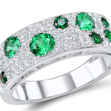 Sterling Silver Ring Green Glass,Green Spinel,White Cubic Zirconia (R306887GGNZSL925) - US 6