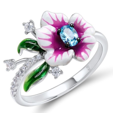 Sterling Silver Ring Blue Cubic Zirconia,Enamel,White Cubic Zirconia (R306964ENASL925)