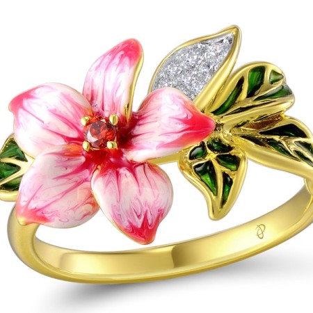 Sterling Silver w/ Ionic Yellow Plating Ring Enamel,Garnet Cubic Zirconia,White Cubic Zirconia (R306965ENA1SP925) - US 5.5