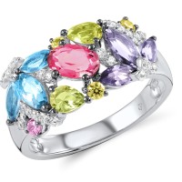 Sterling Silver w/ Black White Plating Ring Yellow Cubic Zirconia,Pink Glass,Blue Glass,Purple Glass,Created Pink Sapphire,White Cubic Zirconia,Green Glass (R306988MUL1SK925) - US 6