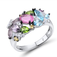 Sterling Silver w/ Black White Plating Ring Blue Glass,Created Pink Sapphire,Green Glass,Pink Glass,Purple Glass,White Cubic Zirconia,Yellow Cubic Zirconia (R306988MUL2SK925) - US 6