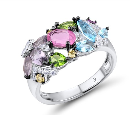 Sterling Silver w/ Black White Plating Ring Blue Glass,Created Pink Sapphire,Green Glass,Pink Glass,Purple Glass,White Cubic Zirconia,Yellow Cubic Zirconia (R306988MUL2SK925) - US 6