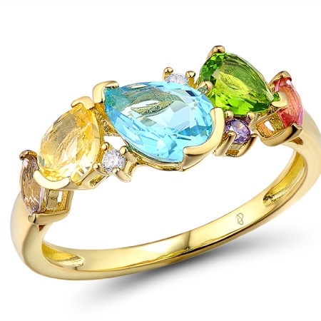 Sterling Silver w/ Yellow Plating Ring Purple Glass,Blue Glass,White Cubic Zirconia,Green Glass,Yellow Glass,Pink Glass,Amethyst Cubic Zirconia (R307082MUL3SY925) - US 6
