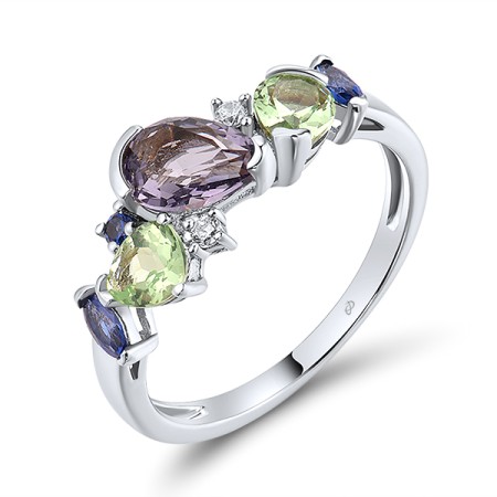 Sterling Silver Ring Green Glass,Purple Glass,White Cubic Zirconia,Blue Nano Cubic Zirconia (R307082MUL4SL925)