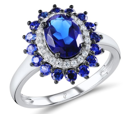 Sterling Silver w/ Black White Plating Ring Blue Glass,Blue Nano Cubic Zirconia,White Cubic Zirconia (R307093BLNZSK925) - US 6