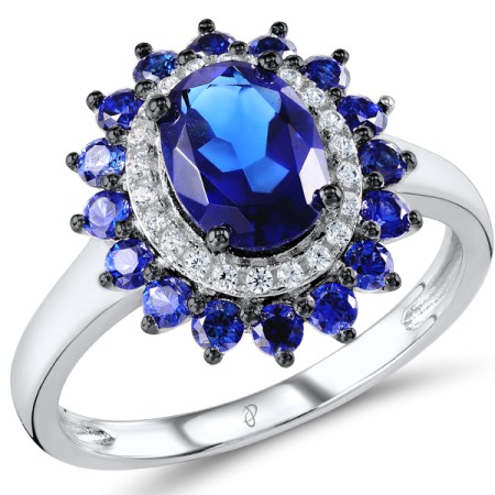 Sterling Silver w/ Black White Plating Ring Blue Glass,Blue Nano Cubic Zirconia,White Cubic Zirconia (R307093BLNZSK925) - US 6