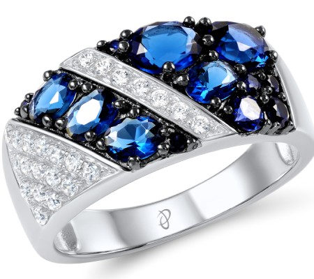 Sterling Silver w/ Black White Plating Ring Blue Glass,Blue Nano Cubic Zirconia,White Cubic Zirconia (R307107BLNZSK925) - US 5