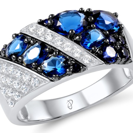 Sterling Silver w/ Black White Plating Ring Blue Glass,Blue Nano Cubic Zirconia,White Cubic Zirconia (R307107BLNZSK925) - US 5