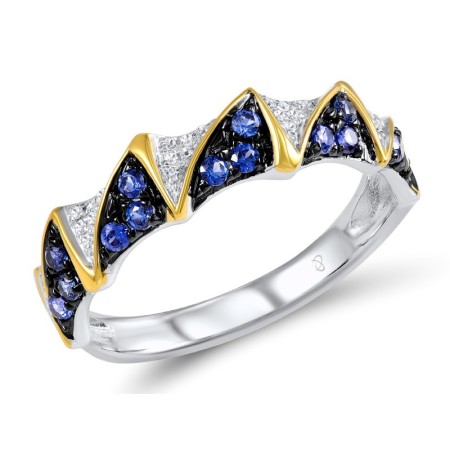 Sterling Silver w/ Yellow Black White Plating Ring Created Sapphire,White Cubic Zirconia (R307169CRSZSZ925)