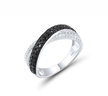 Sterling Silver w/ Black White Plating Ring Black spinel,White Cubic Zirconia (R307283BSNZSK925) - US 6