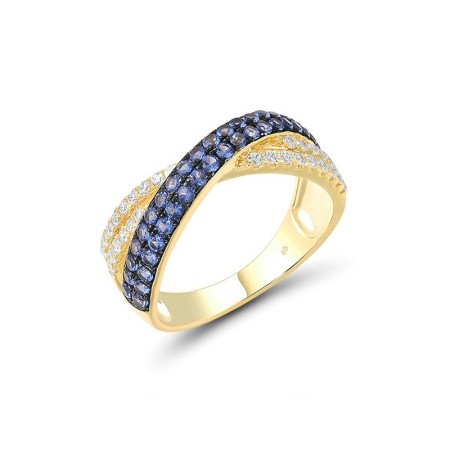 Sterling Silver w/ Yellow Black Plating Ring Blue Nano Cubic Zirconia,White Cubic Zirconia (R307283BZZSC925) - US 6