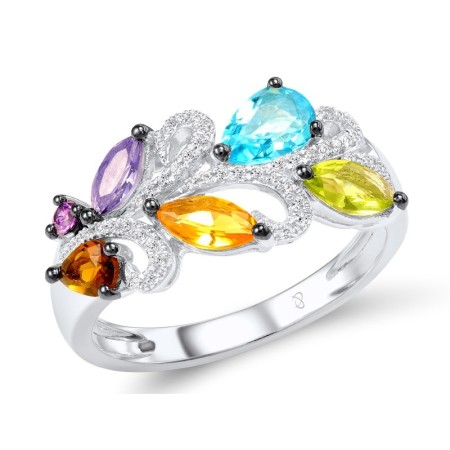 Sterling Silver w/ Black White Plating Ring Amethyst Cubic Zirconia,Blue Glass,Green Glass,Orange Glass,Purple Glass,Smoky Glass,White Cubic Zirconia (R307439MULSK925)