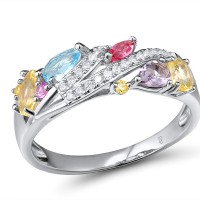 Sterling Silver Ring Blue Glass,Created Pink Sapphire,Pink Glass,Purple Glass,White Cubic Zirconia,Yellow Glass,Yellow Nano Crystal (R307450SMUL2SL925) - US 6