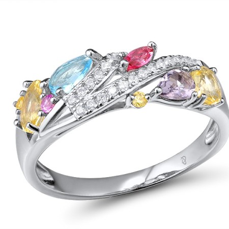Sterling Silver Ring Blue Glass,Created Pink Sapphire,Pink Glass,Purple Glass,White Cubic Zirconia,Yellow Glass,Yellow Nano Crystal (R307450SMUL2SL925) - US 6