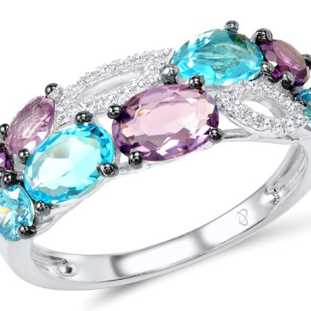 Sterling Silver w/ Black White Plating Ring Amethyst Cubic Zirconia,Blue Cubic Zirconia,Blue Glass,Purple Glass,White Cubic Zirconia (R307453MULSK925)