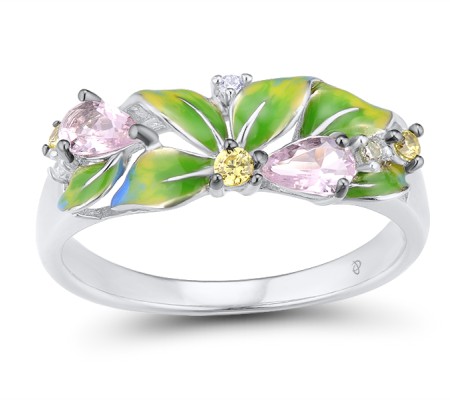 Sterling Silver w/ Black White Plating Ring Enamel,Pink Glass,White Cubic Zirconia,Yellow Cubic Zirconia (R307584ENASK925) - US 7