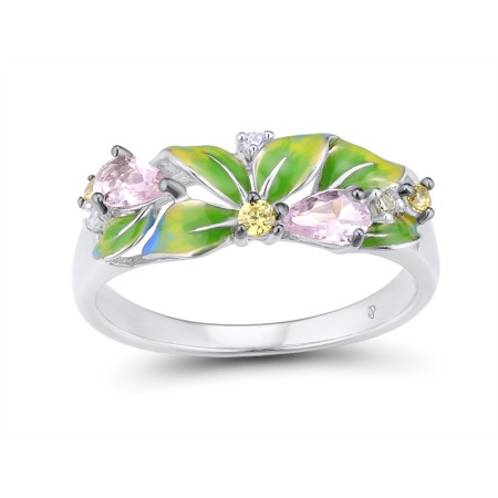Sterling Silver w/ Black White Plating Ring Enamel,Pink Glass,White Cubic Zirconia,Yellow Cubic Zirconia (R307584ENASK925) - US 7