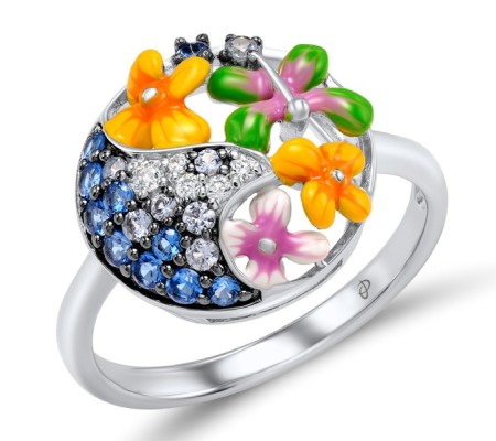 Sterling Silver Ring Blue Spinel,Enamel,White Cubic Zirconia (R307586ENASL925)