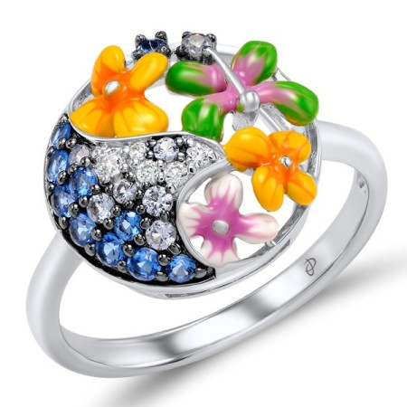 Sterling Silver Ring Blue Spinel,Enamel,White Cubic Zirconia (R307586ENASL925)