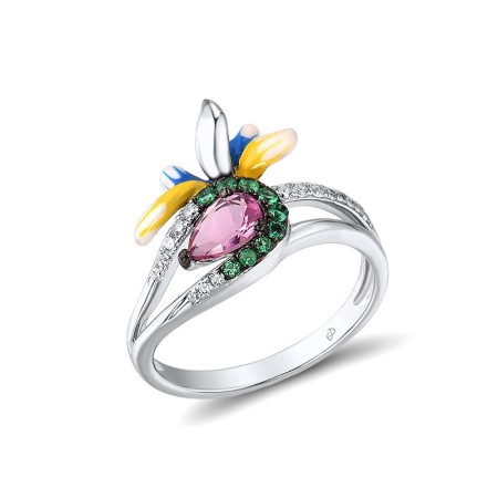 Sterling Silver w/ Black White Plating Ring Enamel,Green Spinel,Pink Glass,White Cubic Zirconia (R307618ENASK925)