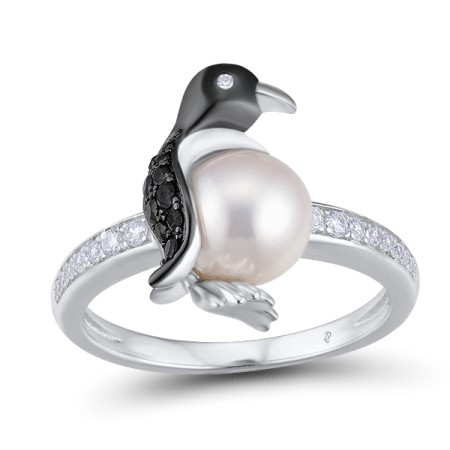 Sterling Silver w/ Black White Plating Ring Black spinel,Fresh Water White Pearl,White Cubic Zirconia (R307621BSFZSK925) - US 5.5