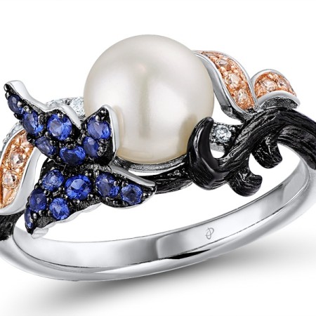 Sterling Silver w/ Rose Black White Plating Ring Blue Nano Cubic Zirconia,Champagne Cubic Zirconia,Fresh Water White Pearl,White Cubic Zirconia (R307634MULSV925) - US 6