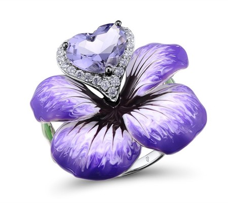 Sterling Silver w/ Black White Plating Ring Enamel,Purple Glass,White Cubic Zirconia (R307666ENA1SK925)