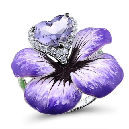 Sterling Silver w/ Black White Plating Ring Enamel,Purple Glass,White Cubic Zirconia (R307666ENA1SK925)