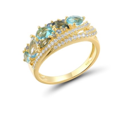 Sterling Silver w/ Yellow Plating Ring Blue Glass,Blue Spinel,White Cubic Zirconia (R307743BGNZSY925) - US 6