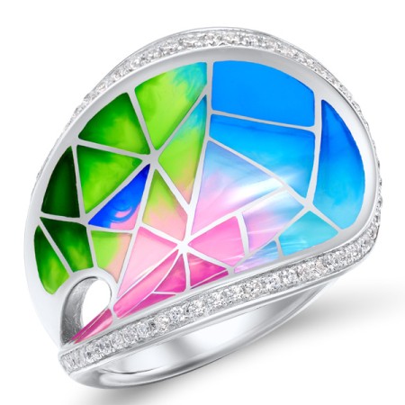 Brass w/ White Gold Plating Ring Enamel,White Cubic Zirconia (R307957ENA3BRW)