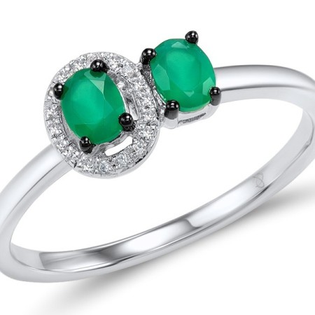 Sterling Silver w/ Black White Plating Ring Green Chalcedony,White Cubic Zirconia (R307975GCWZSK925)