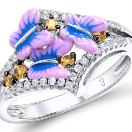 Sterling Silver w/ Black White Plating Ring White Cubic Zirconia,Yellow Nano Cubic Zirconia (Ci,Enamel (R308010ENASK925) - US 6.75