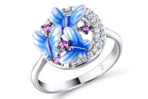 Sterling Silver w/ Black White Plating Ring Created Pink Sapphire,Enamel,White Cubic Zirconia (R308012ENA1SK925) - US 5.5
