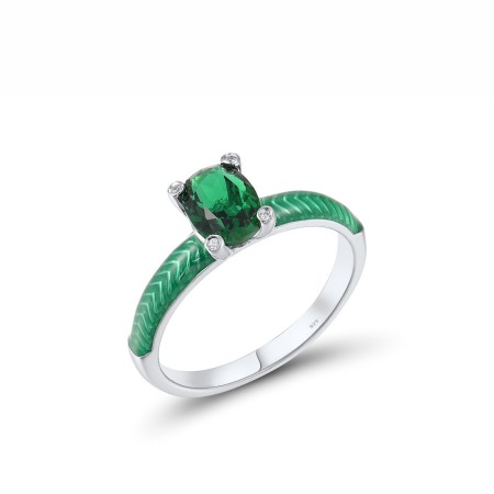 Sterling Silver Ring Enamel,Green Glass,White Cubic Zirconia (R308038ENA1SL925) - US 6